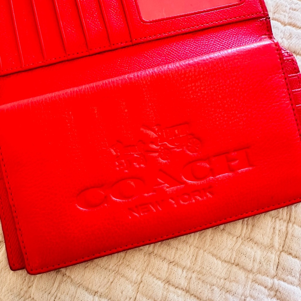 COACH Bold Coral Red Leather Wallet With Removable Checkbook Cover - Picture 9 of 14